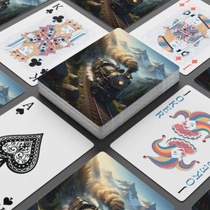 Puede incluir: Una baraja de cartas con un diseño de tren en el reverso. La baraja está rodeada de cartas individuales, incluyendo un Rey de Tréboles, un As de Picas y una carta de Joker. La imagen del tren muestra una locomotora de vapor en una vía de montaña.