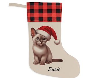 Christmas Stocking | Personalized | Cat Design | Santa Hat | Christmas Decor | Holiday | Gift for Pet | Buffalo Plaid Cuff