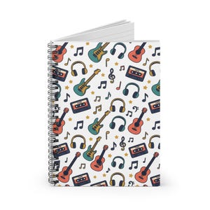 Retro Music Pattern Spiral Notebook | Guitar Headphones Cassette Notes | Gift