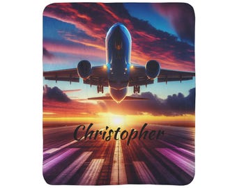 Personalized Airplane Fleece Sherpa Blanket: Aviation Travel Gift
