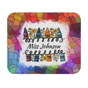 Personalized, Mouse Pad with Crayons and Flowers for teachers or Kids, Personalized Desk Accessory, Teacher Gift, Home Office Décor