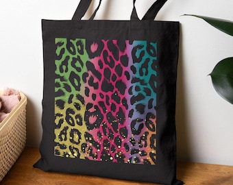 Colorful Leopard Print Cotton Canvas Tote Bag: Eco-Friendly Reusable Shopping Bag
