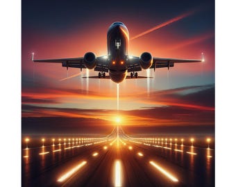 Póster de avión al atardecer: arte mural de aviación para amantes de los viajes