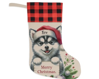 Christmas Stocking | Dog Design | Personalized | Gift for Pet | Christmas Gift | Holiday Decor | Buffalo Plaid Cuff | Linen Boot