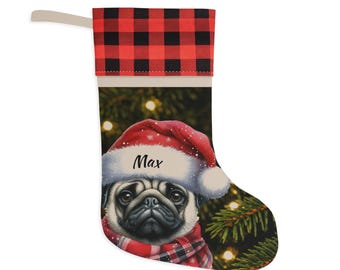 Christmas Stocking | Dog Design | Personalized | Gift for Pet | Christmas Gift | Holiday Decor | Buffalo Plaid Cuff | Linen Boot
