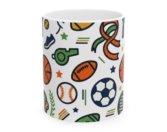 Sport Icons Muster Tasse | Football, Basketball, Fußball, Baseball Design, Geschenk | Sportliebhaber