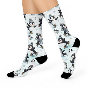 Cushioned Crew Socks, Cute Penguins Ice Skating, Christmas Gift, Holiday, Stocking Stuffer, Winter