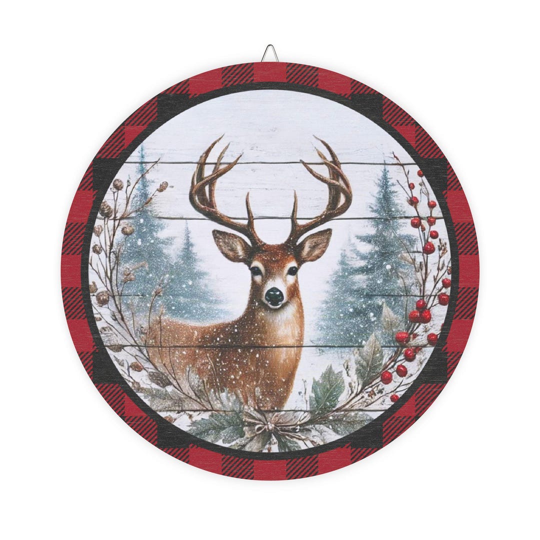 Rustic Huntingborder Door Hangar, Rustic Deer Design, Red and Black Buffalo Plaid Border ...