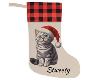 Christmas Stocking | Personalized | Cat Design | Santa Hat | Christmas Decor | Holiday | Gift for Pet | Buffalo Plaid Cuff
