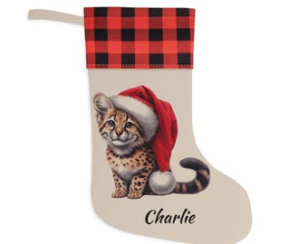 Christmas Stocking | Personalized | Cat Design | Santa Hat | Christmas Decor | Holiday | Gift for Pet | Buffalo Plaid Cuff