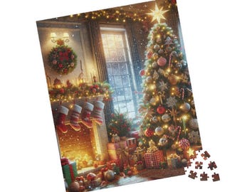 Puede incluir: Un rompecabezas con temática navideña que representa una acogedora escena de salón. La imagen muestra un árbol de Navidad decorado, una chimenea con calcetines y regalos envueltos. Las piezas del rompecabezas están dispersas en la esquina inferior derecha.