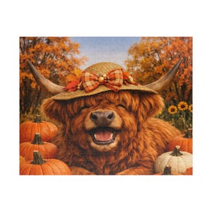 Puzzle / Disegno di una mucca delle Highlands sorridente / Campo di zucche / Puzzle / Opzioni da 520 o 1014 pezzi / Regalo / Autunno