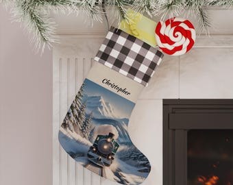 Christmas Stocking | Personalized | Vintage Train Design | Christmas Decor | Gift for Him | Holiday Decor | Buffalo Plaid Cuff | Train Scene