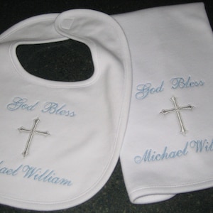 Personalized Baptism Bib and Burp Cloth, Machine Embroidered, Gift, Baby Boy, Girl, Keepsake, Christening, Naming, Dedication, Script Font