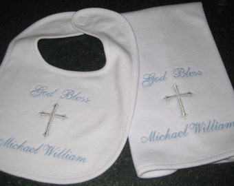 Reserved for Bianca B, Personalized Baptism Bib and Burp Cloth Set: Embroidered Cotton Chenille