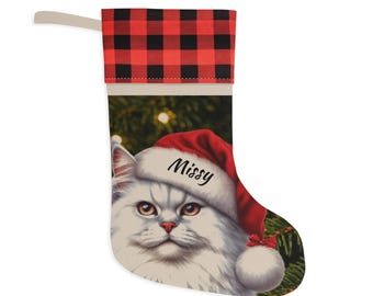 Cat Christmas Stocking | Cat Design | Personalized | Pet Gift | Christmas Gift | Holiday Decor | Buffalo Plaid Cuff | Santa Hat