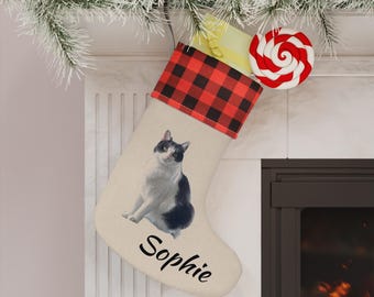 Personalized Cat Christmas Stocking, Linen Plaid Holiday Decor