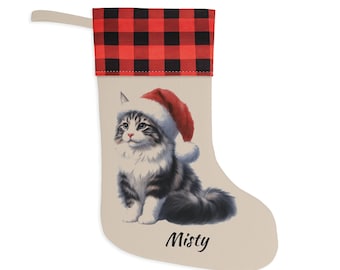 Christmas Stocking | Personalized | Cat Design | Santa Hat | Christmas Decor | Holiday | Gift for Pet | Buffalo Plaid Cuff