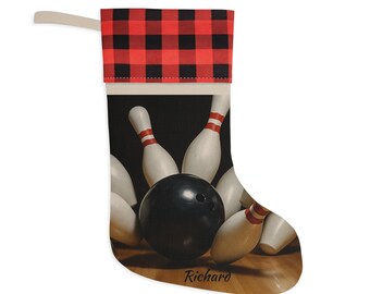 Christmas Stocking, Bowling Design, Personalized, Gift for Him, Gift for Her, Buffalo Plaid Cuff, Holiday Decor
