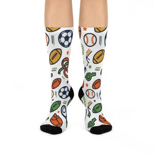 Cushioned Crew Socks | Sports Pattern | Soccer Baseball Basketball Tennis | Sports Lover Gift