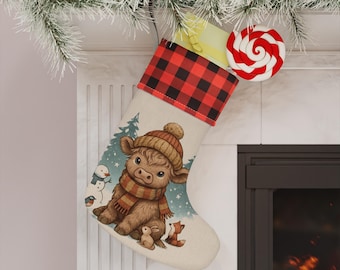 Christmas Stocking Highland Cow Design | Christmas Decor | Highland Cow Lover | Gift for Her | Buffalo Plaid Cuff