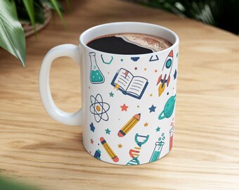 Wissenschaft Icons Muster Tasse | Rakete, DNA, Atom, Becherglas, Planeten Design | Keramiktasse | Geschenk