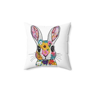 Floral Bunny Pillow, Decorative Cushion for Spring, Easter Home Decor, Accent Pillow, Gift for Bunny Lovers, Square Throw Pillow