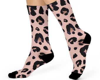 Leopard Print Cushioned Crew Socks, Women's Fashion Socks