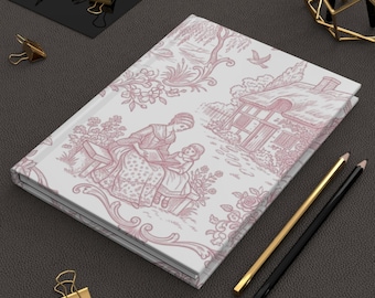 Vintage Toile Cottage Szene Notizbuch | Pastell Rosa Malerisches Notizbuch