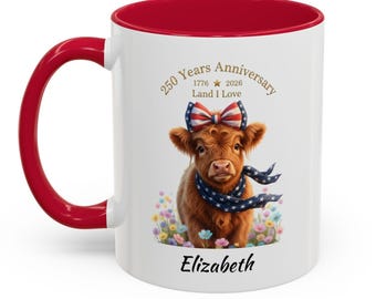 4.Juli Kaffeetasse, Highland Cow - 4.Juli Tasse 250 Jahre Jubiläum 1776-2026 | 11 Unzen oder 15 Unzen Optionen