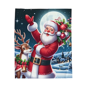Cozy Christmas Velveteen Plush Blanket, Holiday Decor, Santa and Reindeer Design, Perfect Gift for Winter, Christmas Eve Comfort