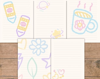Lot de papeterie pastel doodle : papier ligné, 25 motifs (format PDF A4/A5)
