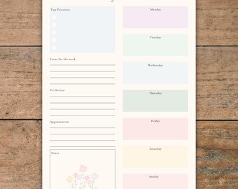 Agenda hebdomadaire imprimable floral pastel : PDF A4/A5 pour organiser et hiérarchiser les tâches