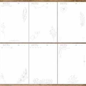 May include: A set of six blank journal pages with dot grids, each featuring delicate, hand-drawn floral and nature-inspired sketches. The word "NOTES" is at the top of each page. The designs include flowers, feathers, and butterflies.