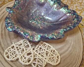 Bol fait main en forme de feuille de résine scintillante, porte-objets décoratif (17,5 x 13 cm)