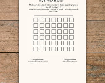 May include: A white sheet of paper with the title "My Energy Tracker" and instructions for tracking energy levels. The paper includes a grid of squares for daily entries and sections for noting energy boosters and drainers. The paper is on a wooden surface.