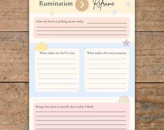 Défier les pensées négatives et les réflexions excessives, feuille de travail d'auto-assistance : PDF A4/A5 (téléchargement numérique)