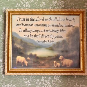 Może przedstawiać: Oprawiony wydruk ze złotą ramą, przedstawiający sielankową scenę z owcami i jeziorem. Tekst brzmi "Trust in the Lord with all thine heart;... Przysłowia 3:5-6". Tło to kwiatowa tapeta.
