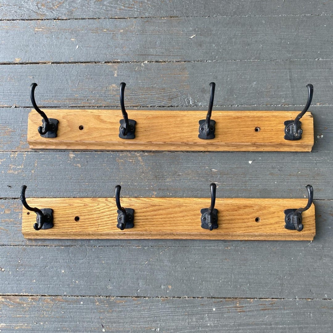 VTG 2 Coat Metal Racks Wall Mount Four Rows of Double Hooks Oak Wood ...