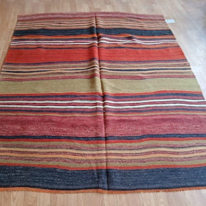 Vintage Turkish Kilim Rug 5.8x4.9 ft - Handwoven Striped Wool Rug - Colorful Large Boho Carpet - Flatweave Ethnic Decor