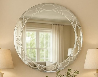 Art Deco Engraved Mirror, Lace Wall Mirror, Frameless Round Decor, Modern Entryway