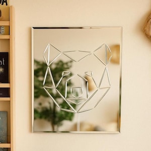 Art Deco Bear Wall Mirror: Engraved Frameless Animal Mirror, Rustic Cabin Decor