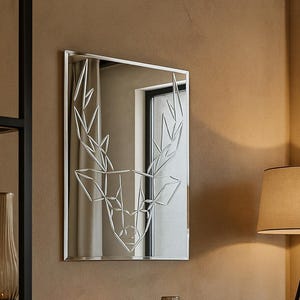 Art Deco Deer Wall Mirror: Engraved Geometric Silhouette, Handmade