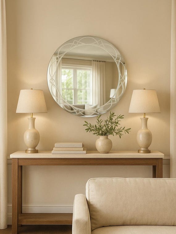 Art Deco Engraved Mirror, Lace Wall Mirror, Frameless Round Decor, Modern Entryway