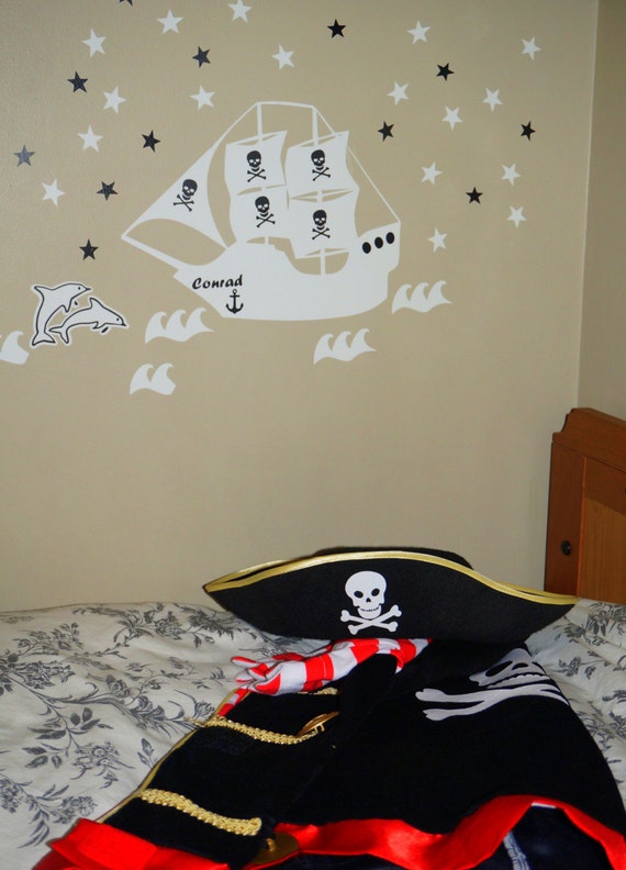 glow in the dark pirate ship wall decal with your name of | etsy