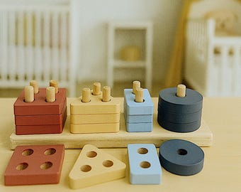 Juguete geométrico de madera hecho a mano para clasificar, juego educativo Waldorf, juguete Montessori para niños pequeños.