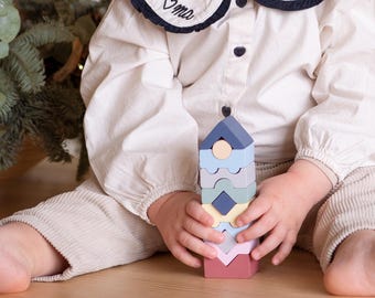 Torre apilable Montessori, juguete educativo de madera natural, desarrolla la motricidad fina y el reconocimiento de colores en niños pequeños (LD-22)