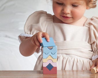 Torre apilable de madera, juguete educativo Montessori de formas y colores, juego de aprendizaje para niños pequeños.