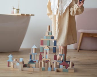 Juego de construcción de madera de 100 piezas, formas geométricas, estilo Waldorf, madera con certificación FSC, juguete para el aprendizaje temprano.