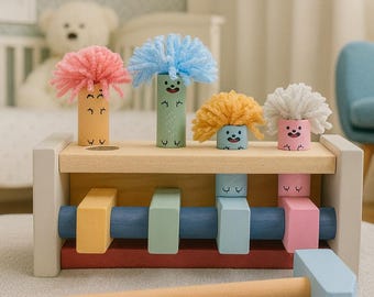 Martillo de madera hecho a mano, payasos saltarines, juego Montessori para niños pequeños